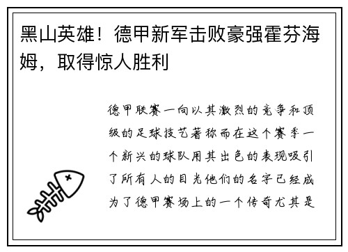 黑山英雄！德甲新军击败豪强霍芬海姆，取得惊人胜利